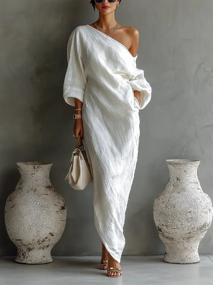 Camille | Robe Maxi Asymétrique en Coton Lin Élégante