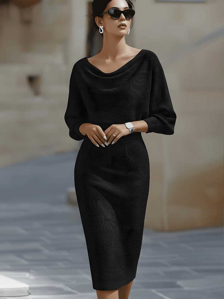 Isabelle | Robe Midi Col Bénitier & Manches Chauve-Souris