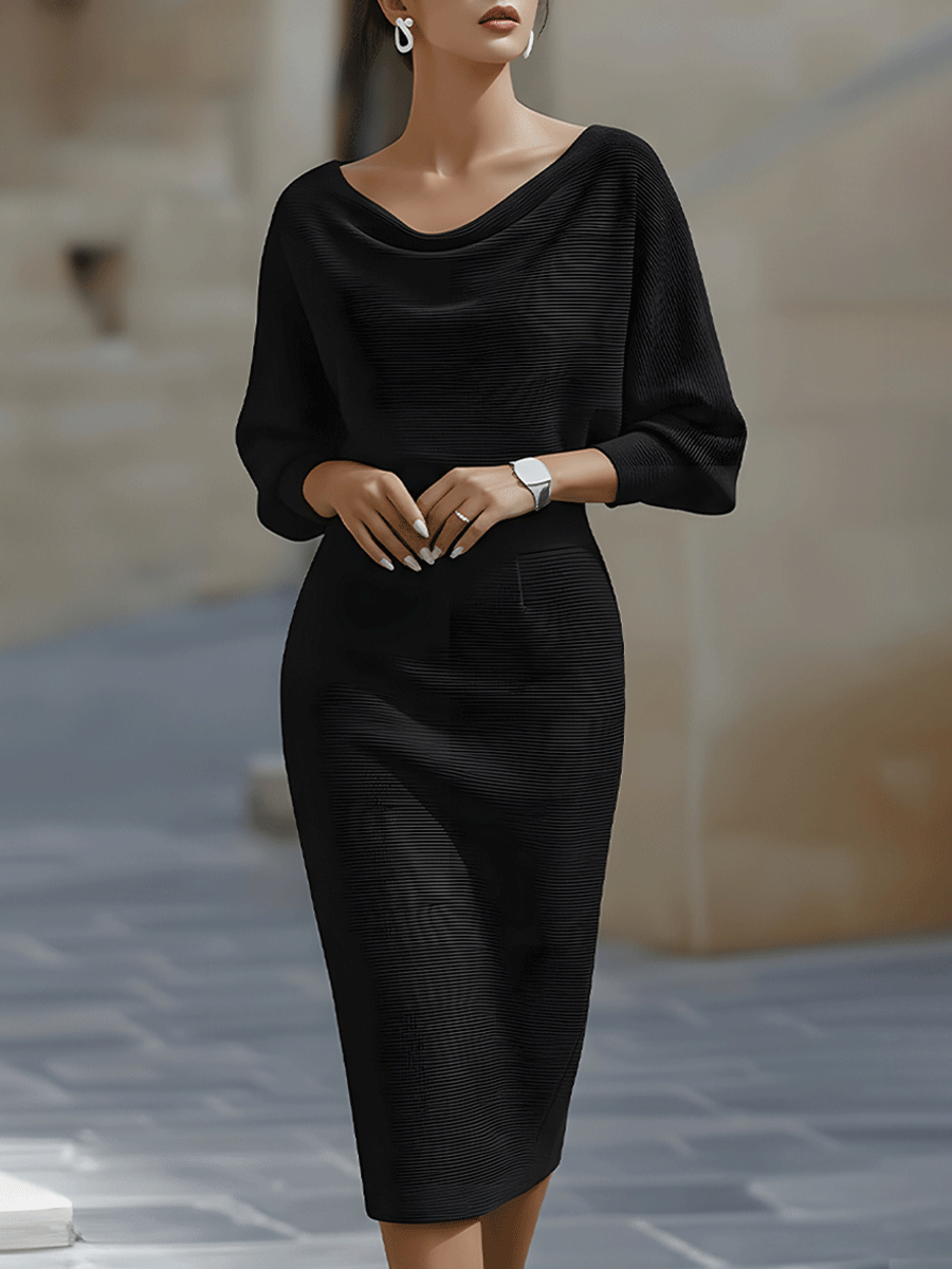 Isabelle | Robe Midi Col Bénitier & Manches Chauve-Souris