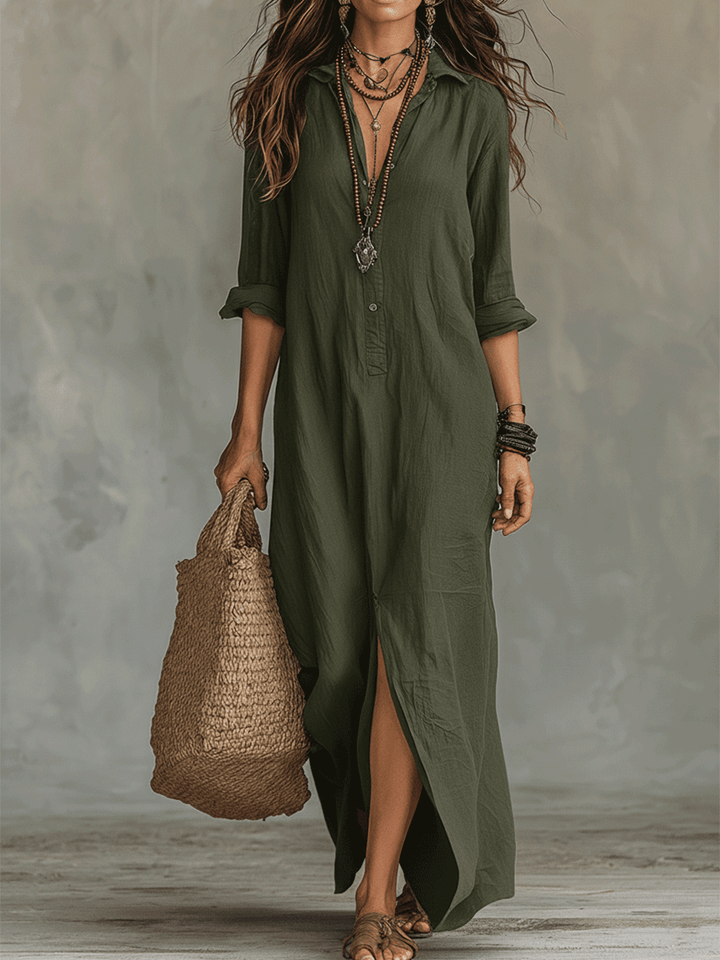 Noémie | Robe Maxi Chemise Lin Col Chemisier & Fente Latérale