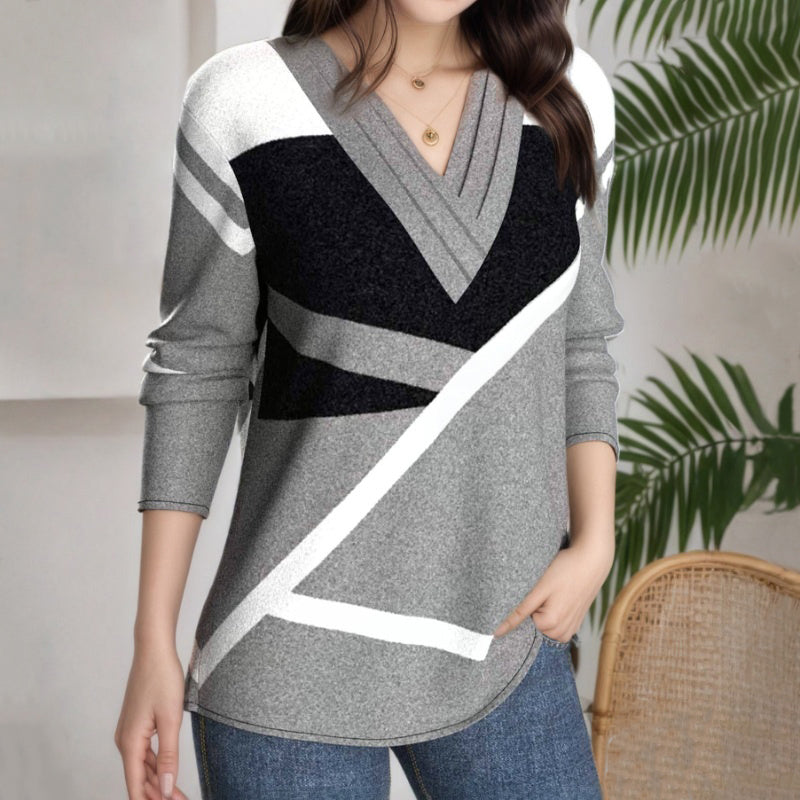 【Manches Longues】Blouse Décontractée À Blocs De Couleurs