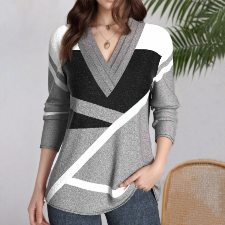 【Manches Longues】Blouse Décontractée À Blocs De Couleurs