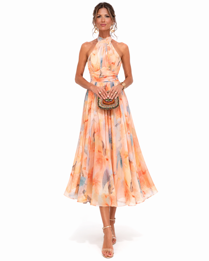 Aurora – Robe avec décolleté halter et imprimé aquarelle