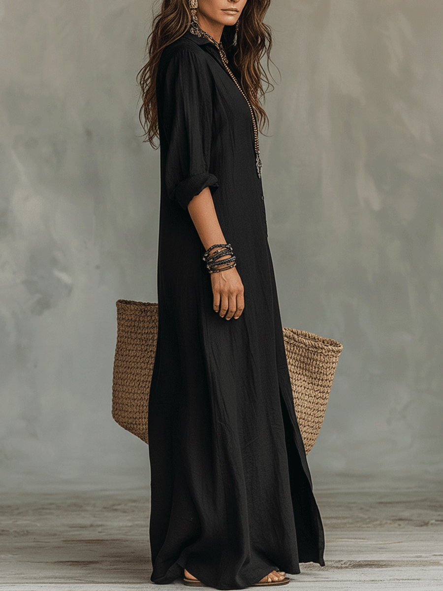 Noémie | Robe Maxi Chemise Lin Col Chemisier & Fente Latérale