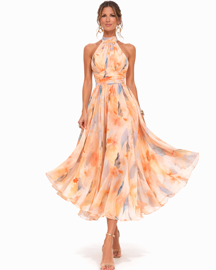 Aurora | Robe Élégante Col Halter Imprimé Aquarelle