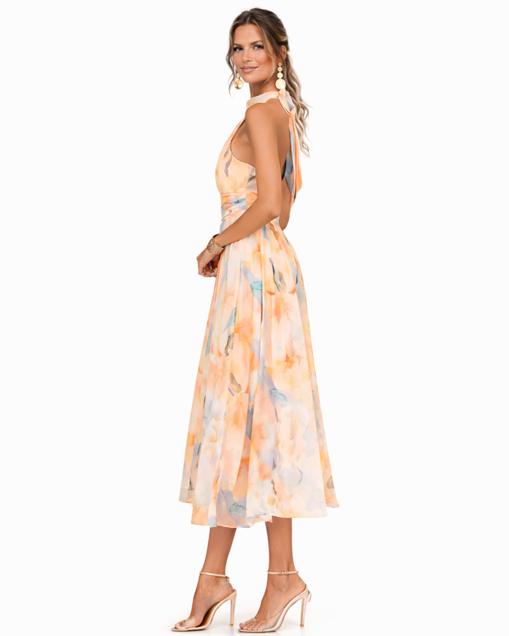 Aurora – Robe avec décolleté halter et imprimé aquarelle
