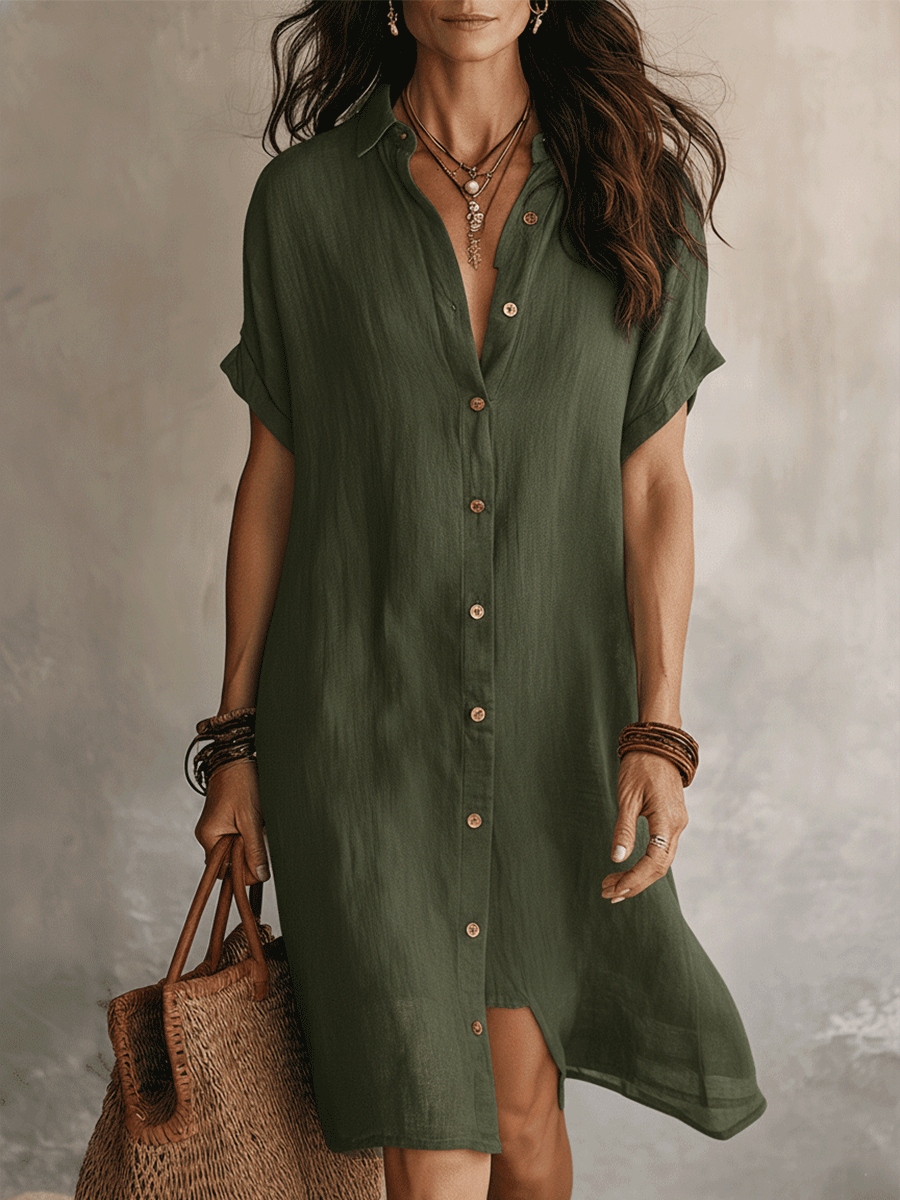 Céleste | Robe Chemise Midi Lin & Coton Boutonnée