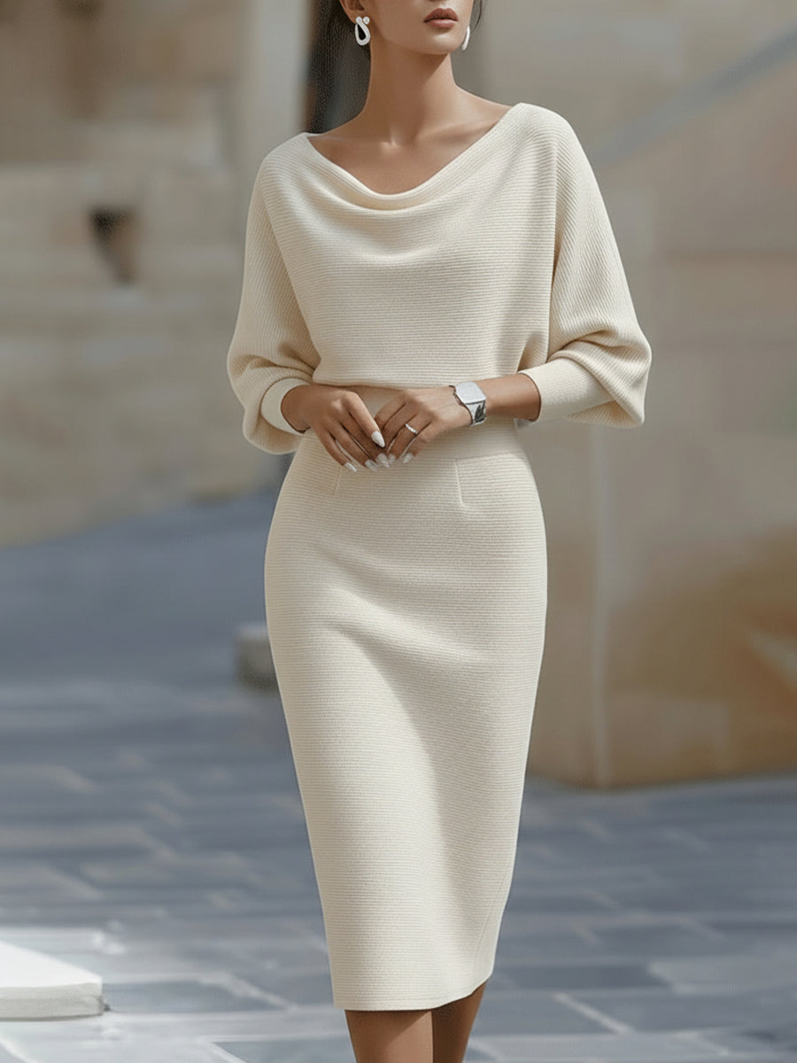 Isabelle | Robe Midi Col Bénitier & Manches Chauve-Souris