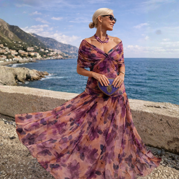 ROSSANA – Robe Longue Femme Off Shoulder en Chiffon