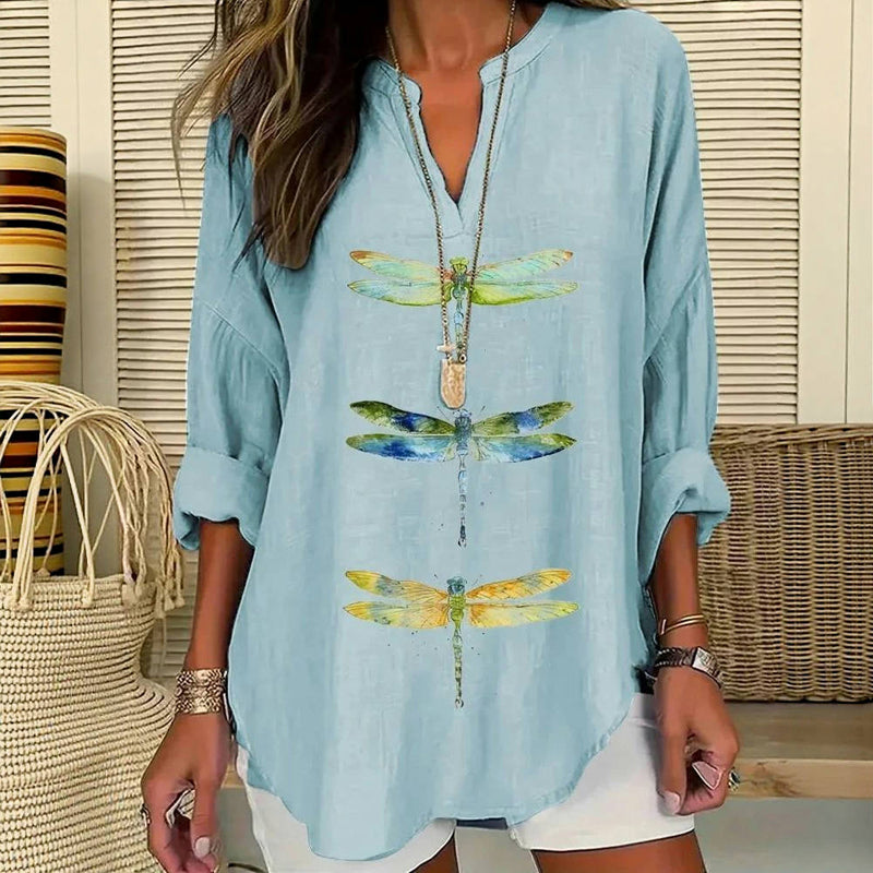 Blouse Décontractée À Imprimé Libellule