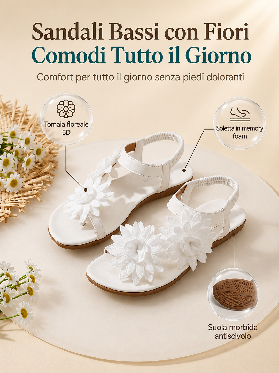 Florea | Orthopedic Sandals with Applied Flowers
