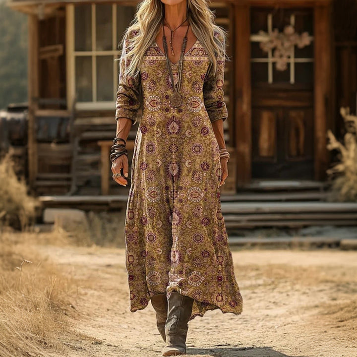 【Manches Longues】Robe À Imprimé Ethnique Vintage