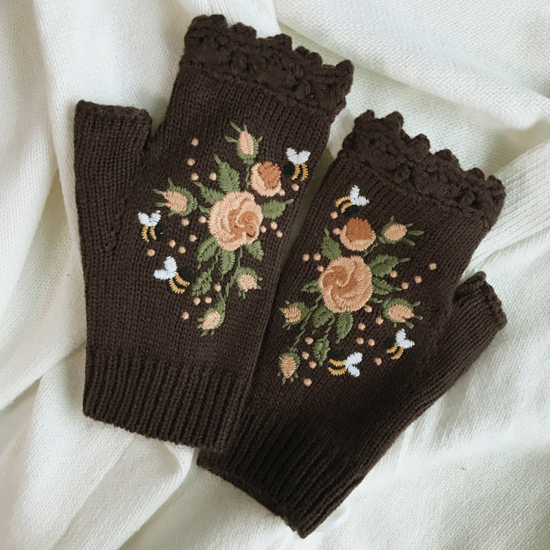 Gants Chauds À Broderie Florale
