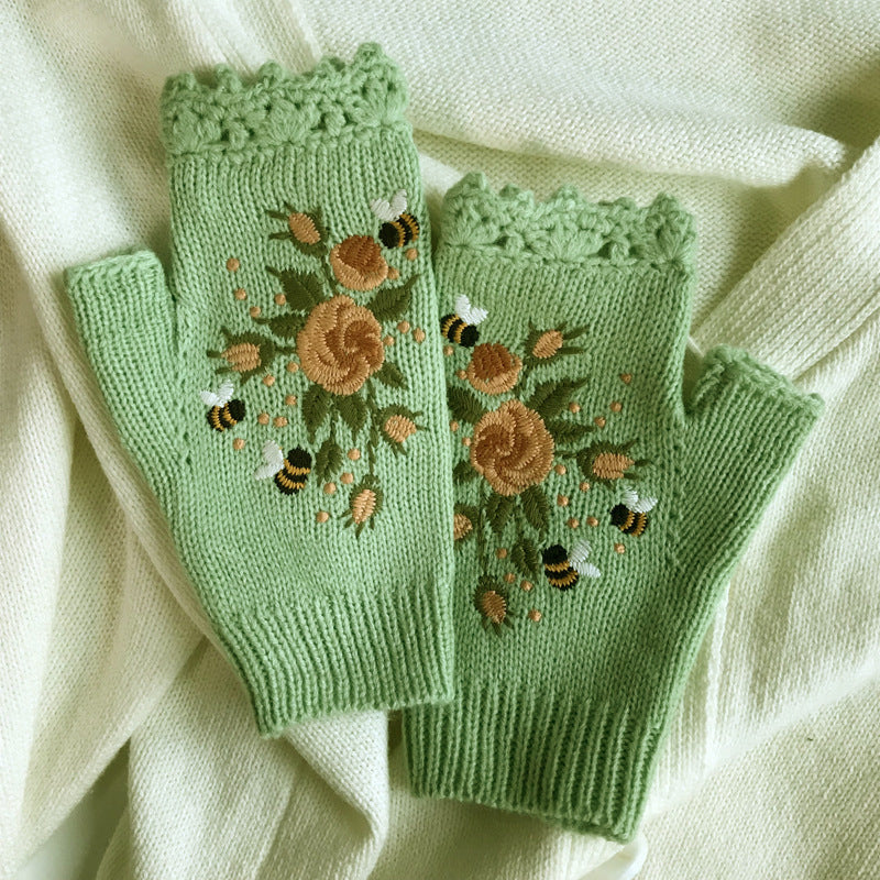 Gants Chauds À Broderie Florale