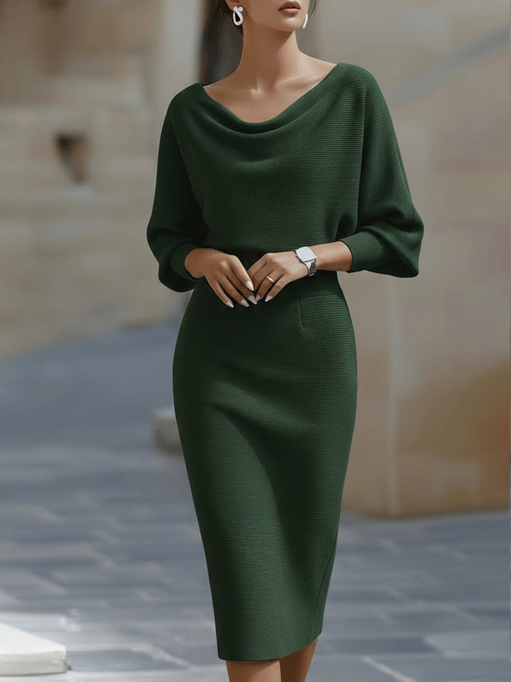 Isabelle | Robe Midi Col Bénitier & Manches Chauve-Souris