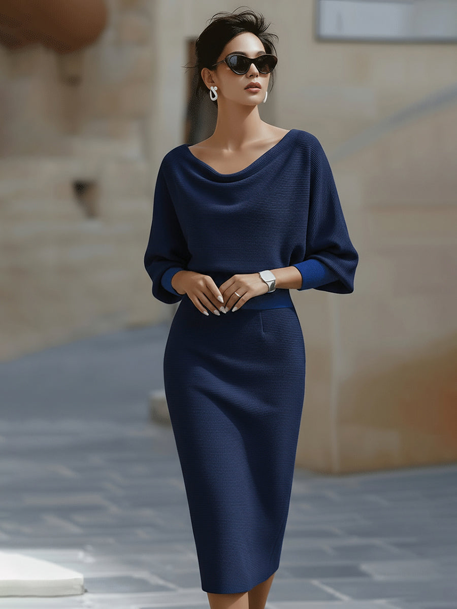 Isabelle | Robe Midi Col Bénitier & Manches Chauve-Souris