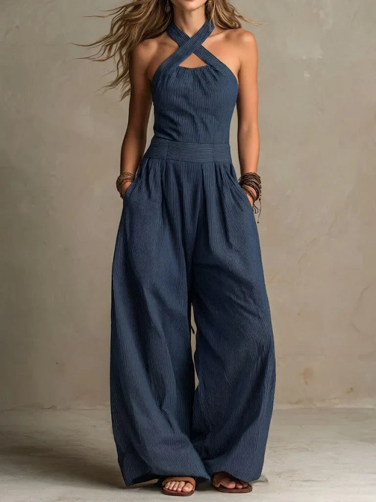 Léonie | Combinaison Halter Croisé Rayé & Jambes Larges